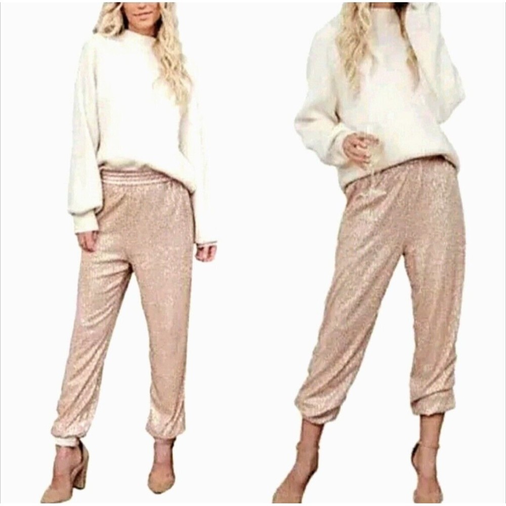 Anthropologie Melora Joggers Pink Metallic Rose Gold Elastic Waist Pants XS - Picture 5 of 6